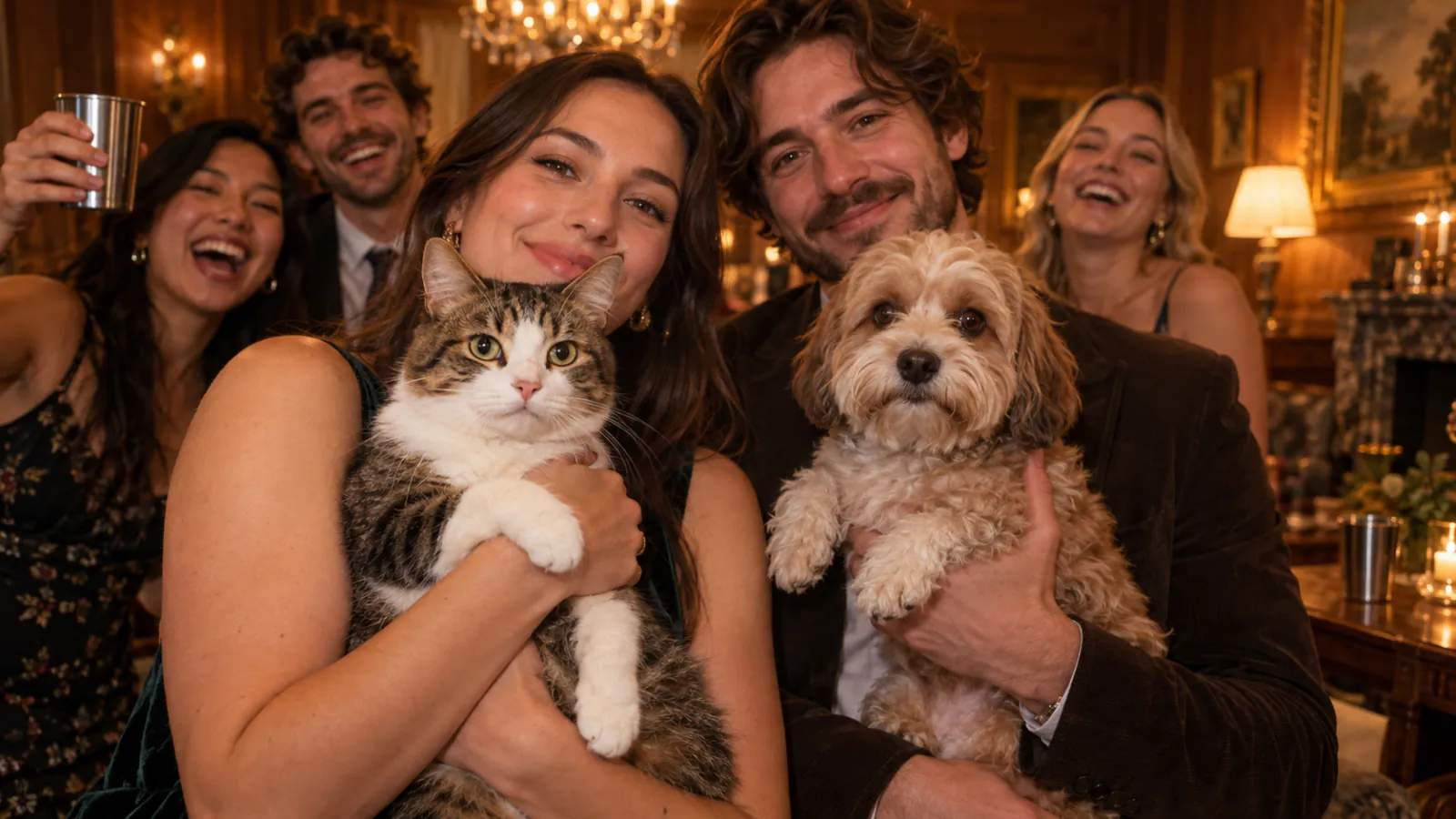 A cat and a dog held at chest height at a chandelier-lit party